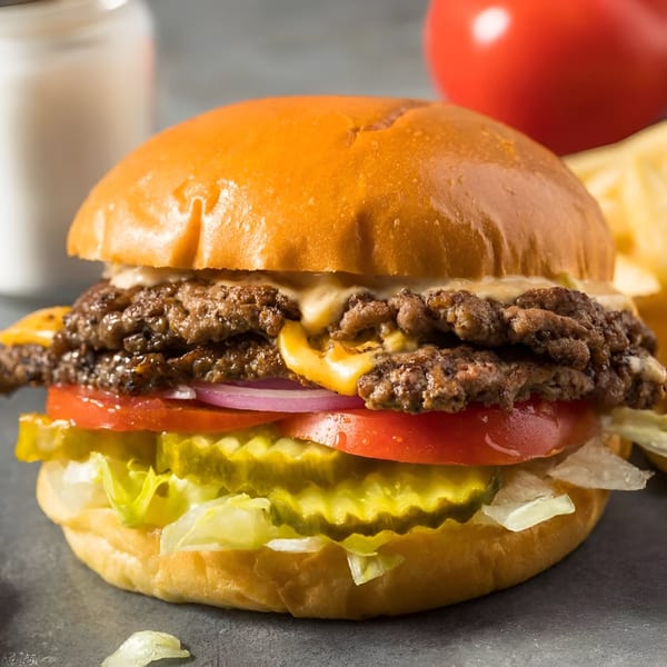 A close-up of a double smash burger with melted cheese, lettuce, tomato, pickles, and red onion.