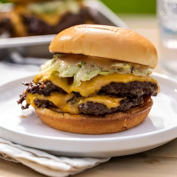 A double smash burger from A1 Smash Midtown, with melted cheese, lettuce, and sauce on a bun.